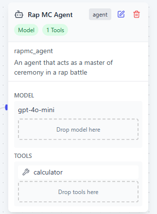 The calculator tool added to the Rap MC agent