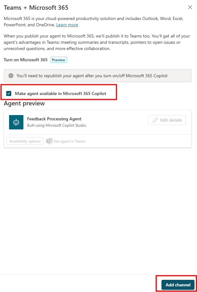 Adding the Teams + Microsoft 365 Channel in Copilot Studio