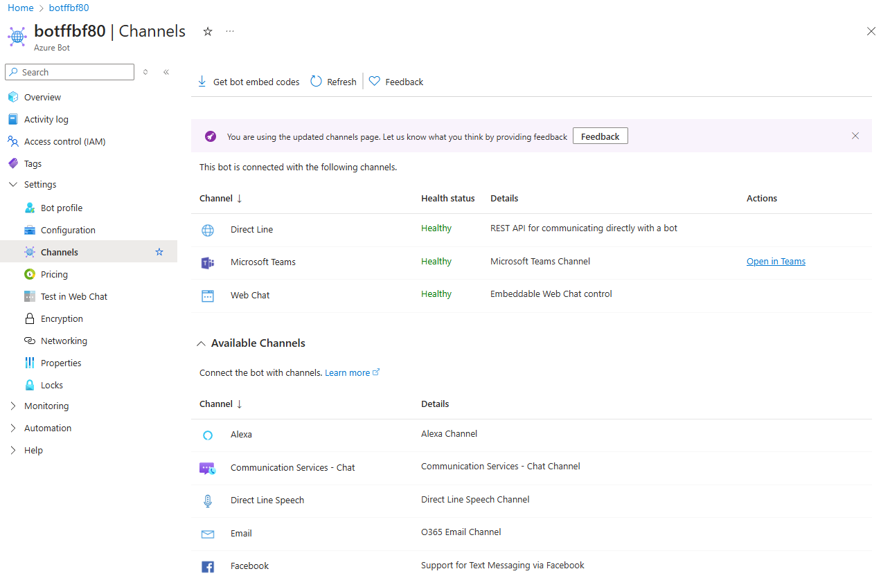 The Channels available in the Azure Bot Service