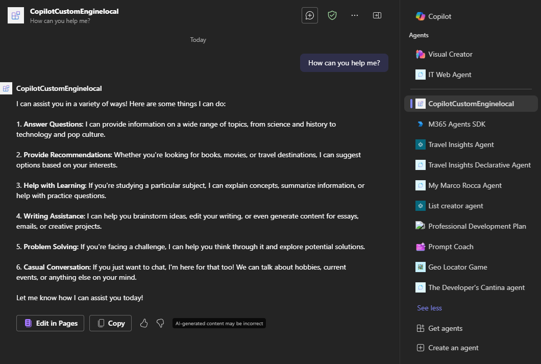 A pro-code custom engine agents in Copilot Chat