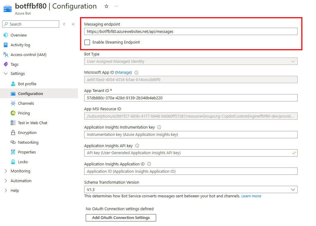 The configuration of the Azure Bot Service