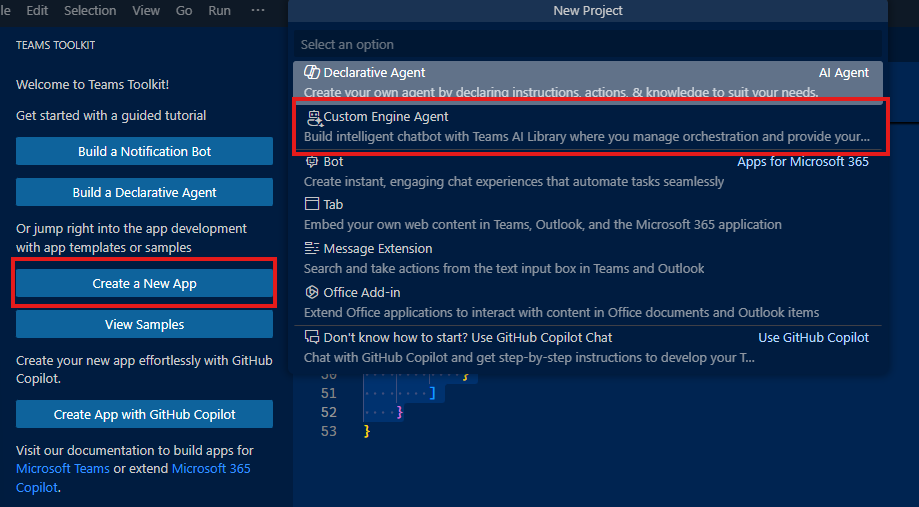 The option to create a new custom engine agent in the Teams Toolkit