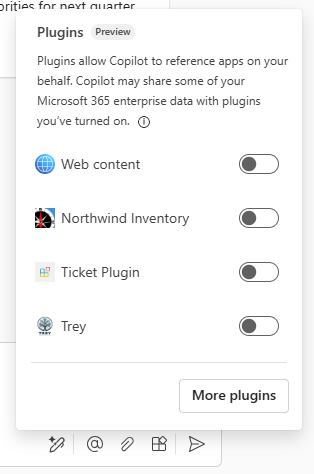 The plugin flyout in Copilot for Microsoft 365