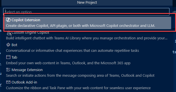 The option to create a new Copilot Extension in the Teams Toolkit