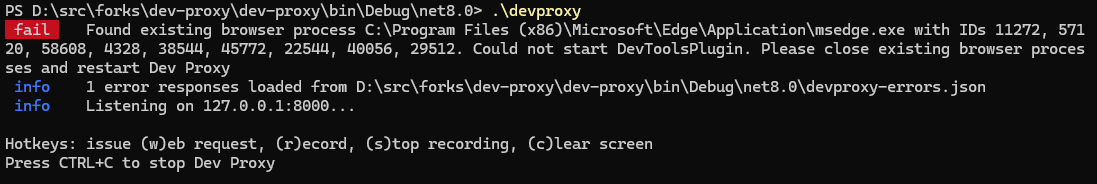 DevProxy showing an error because an instance of the browser is already running