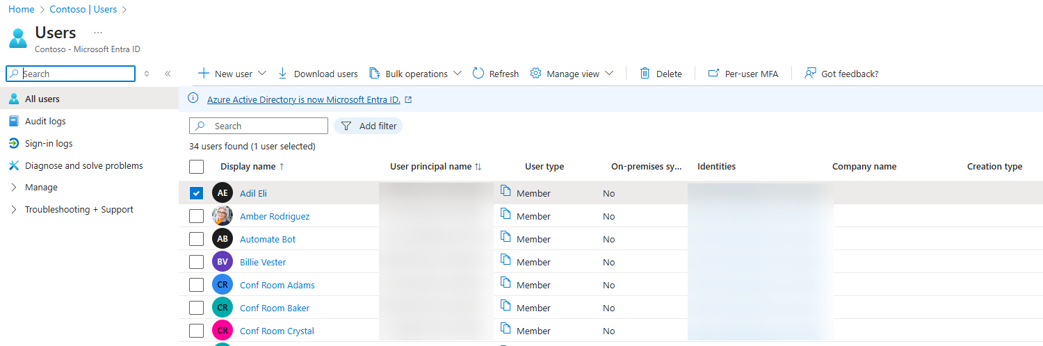 The list of users in Microsoft Entra in the Azure portal