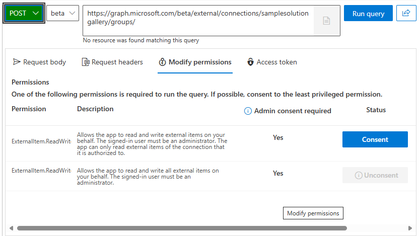 The option in Microsoft Graph Explorer to request the proper scopes to call an API