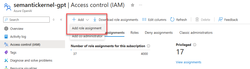 The option to add a role assignment to an Azure resource