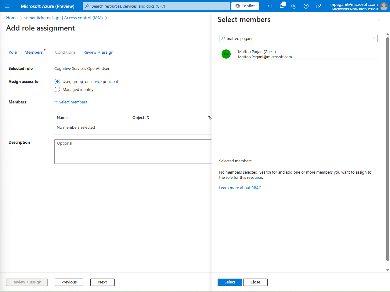 Choosing a user for the selected role in the Azure portal