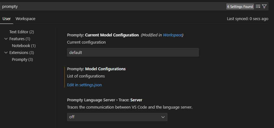 The Visual Studio Code settings to configure prompty