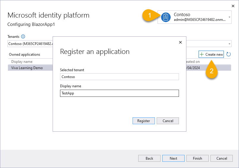 Creating a new application registration in Visual Studio